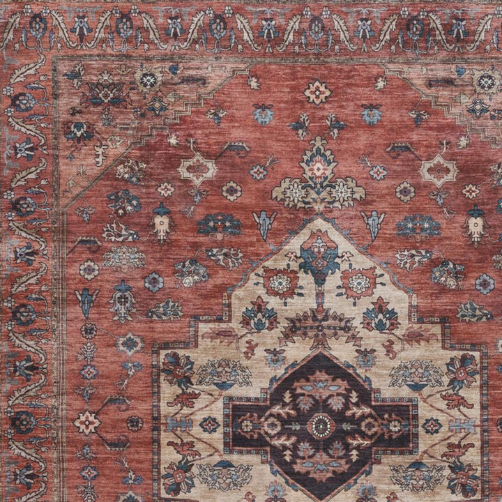 HomeRoots 5' X 7' Blue and Red Oriental Power Loom Distressed Washable Non Skid Area Rug