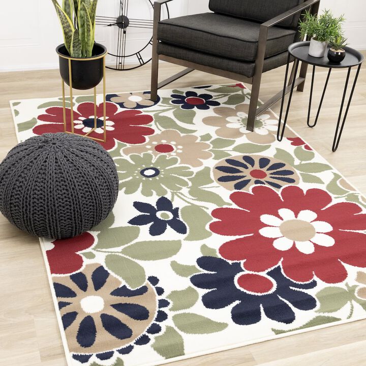 Novelle Home Functional Style Red Cream Floral Rug, 4'7 x 6'7, 4'7 x 6'7