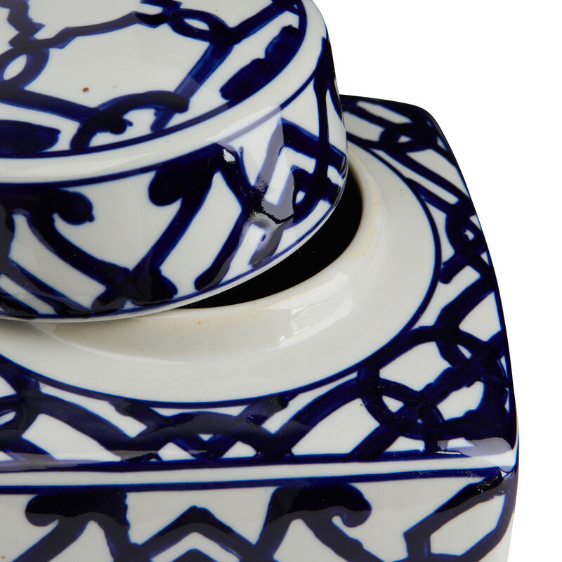 Decorative Square Ceramic Ginger Jar with Lid, Blue and White Geometric Fretwork image number 2
