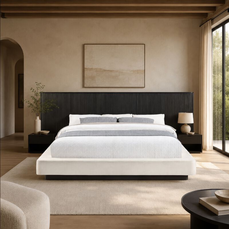 Jeh King Low Platform Bed, Fluted Headboard, Beige Linen, Espresso Brown image number 1