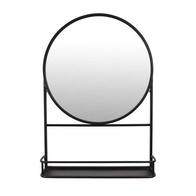 Feno Decorative Wall Mirror, 28 Inch Round Black Metal Frame w Rack