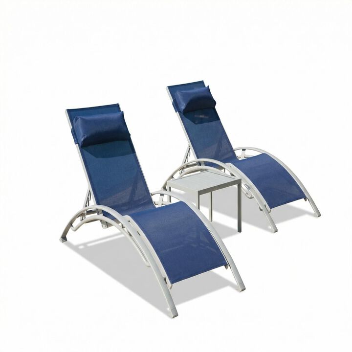 CLIHOME Patio Aluminum Pool Lounge Chairs Set of 3,with 2 Outdoor Adjustable Backrest Recliner and 1 Metal Side Table