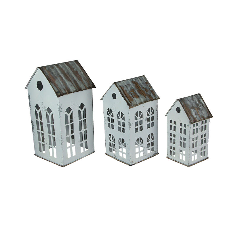 Set of 3 Rustic Country Farmhouse White Metal House Shaped Candle Holders image number 0