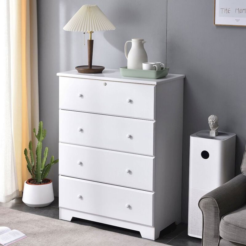 WPfurniture Isabela Collection Solid Pine Wood 4 Drawer Chest Dresser (White)