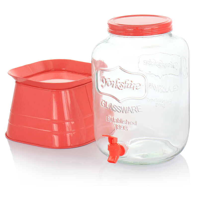 Gibson Home Chiara 2 Gallon Glass Mason Jar Dispenser with Metal Lid and Base in Red