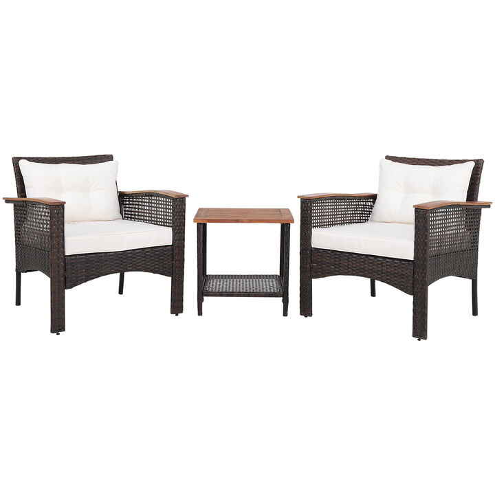 3 Pieces Patio Rattan Furniture Set with Acacia Wood Tabletop