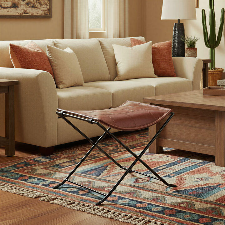 Collapsible Leather and Metal Stool, Russet Brown