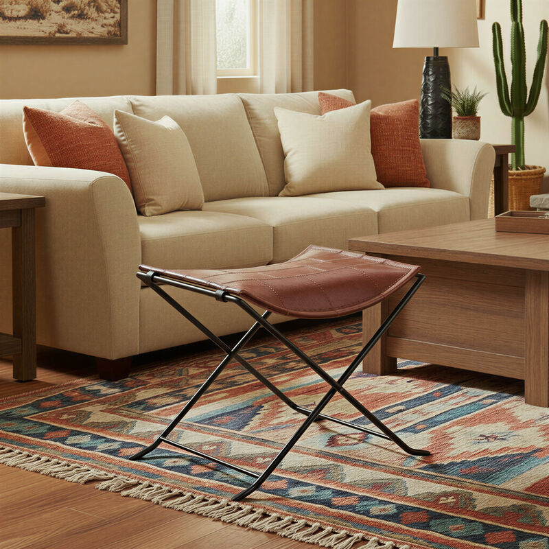 Collapsible Leather and Metal Stool, Russet Brown image number 1
