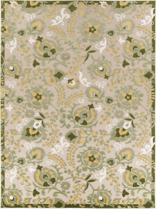 HomeRoots 8' X 11' Ivory Green And Yellow Floral Indoor Outdoor Area Rug