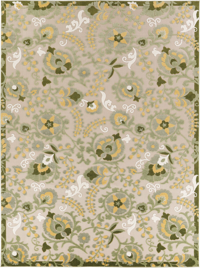 HomeRoots 8' X 11' Ivory Green And Yellow Floral Indoor Outdoor Area Rug image number 0