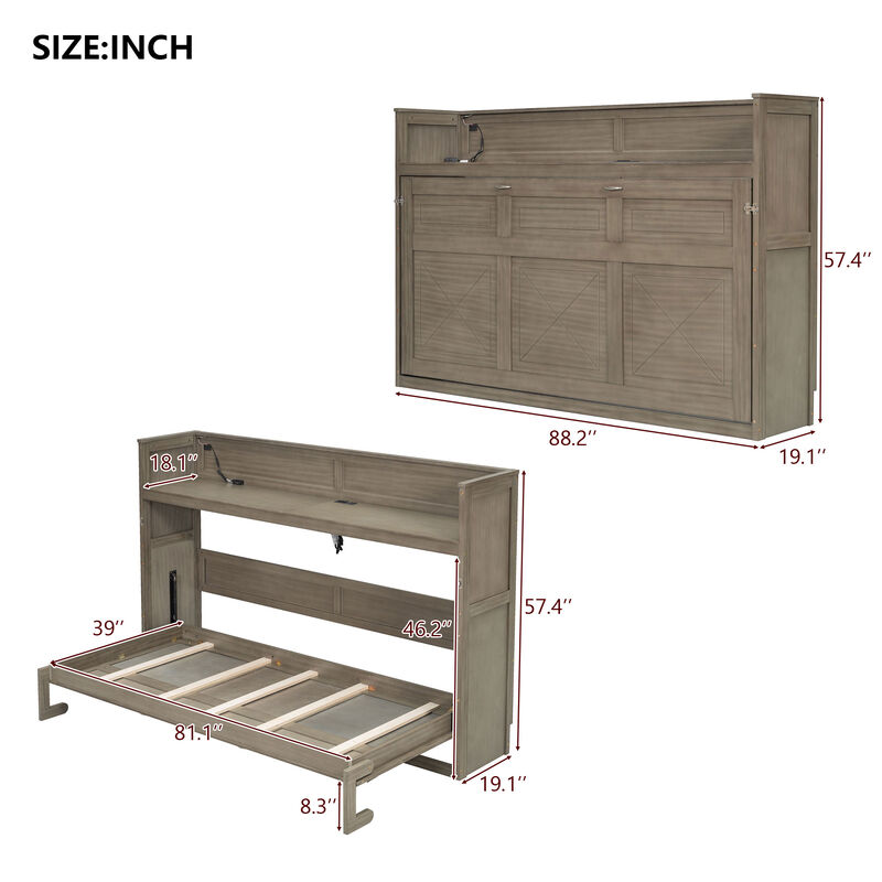 Merax Murphy Bed with Desk,LED Light and USB Charging Station