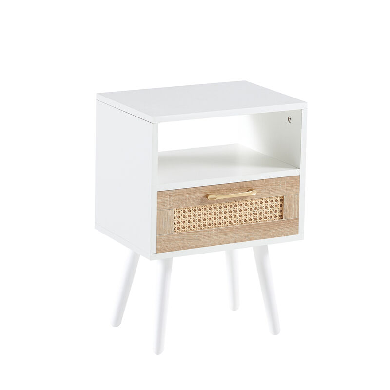 Rattan End table with drawer and solid wood legs, Modern nightstand, side table for living roon, bedroom, white
