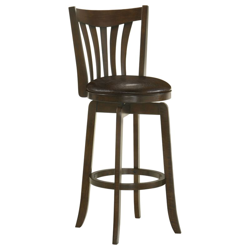 Ethan Swivel Barstool Chair, Dark Brown Faux Leather, Slatted Back Hardwood
