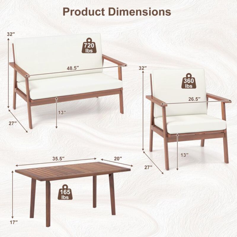 Hivvago 4 Piece Outdoor Acacia Wood Conversation Set with Soft Seat and Back Cushions