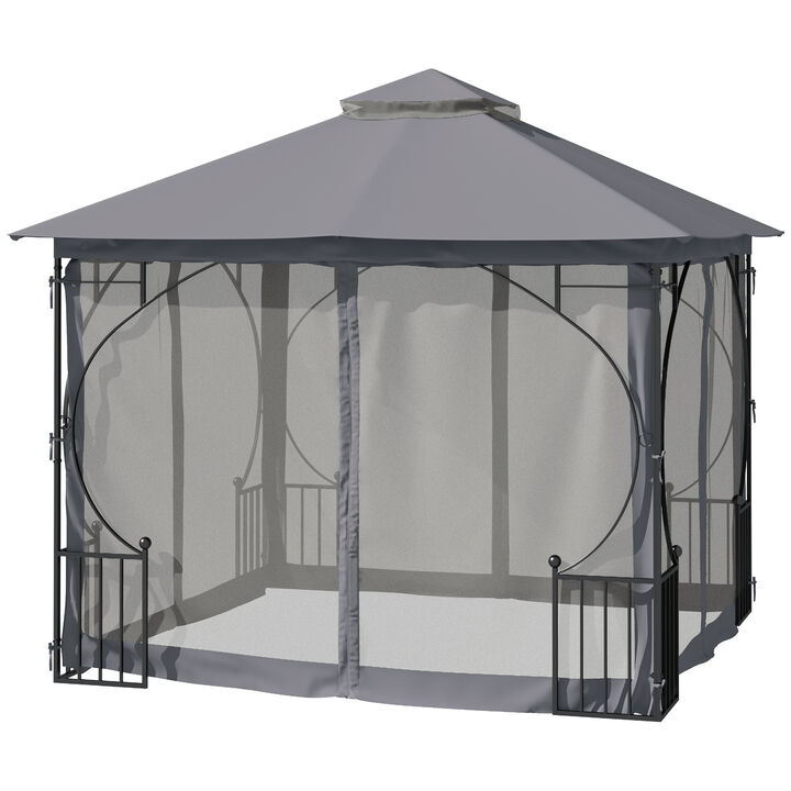 Outsunny 10' x 10' Patio Gazebo, Double Roof Outdoor Gazebo Canopy Shelter with Netting, Steel Corner Frame for Garden, Lawn, Backyard and Deck, Dark Gray