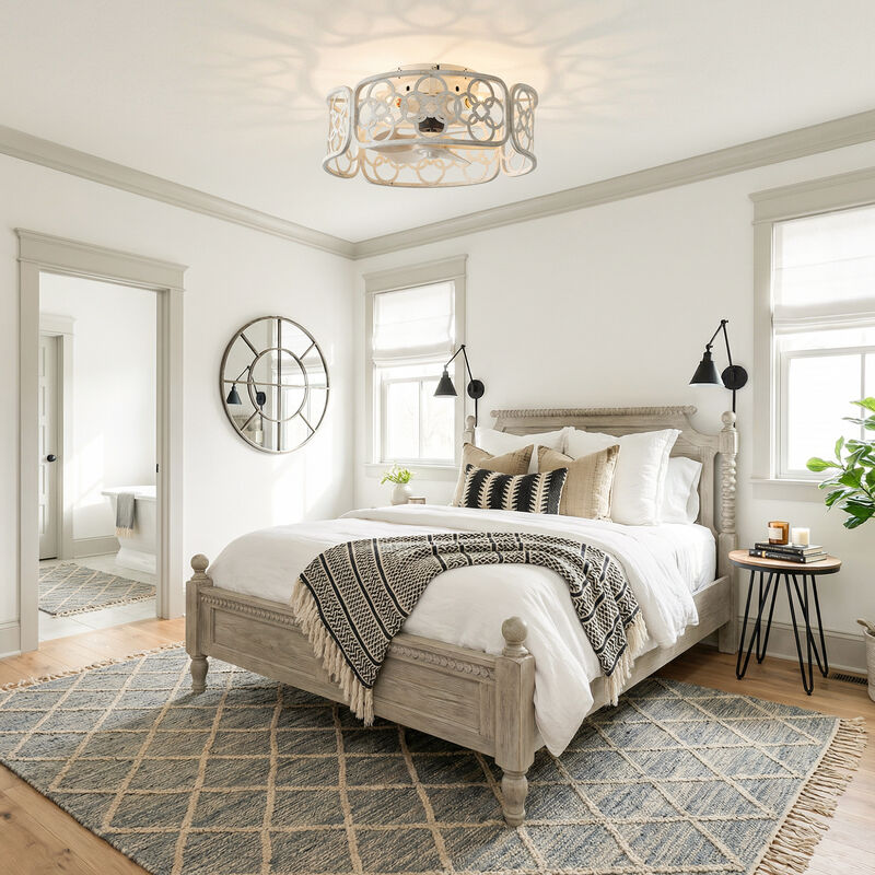 18" Farmhouse Distressed White Metal Caged Reversible Ceiling Fan with Light and Remote image number 2