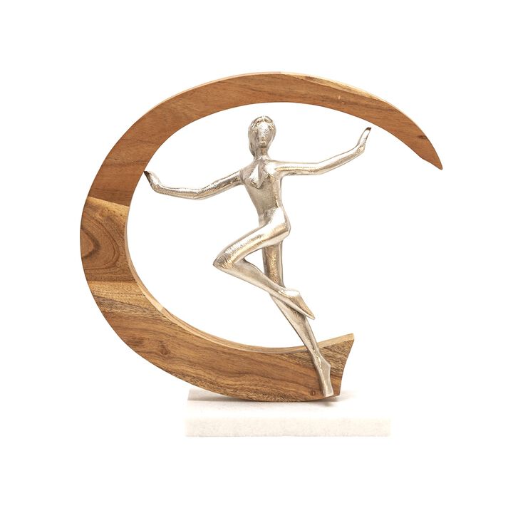 14 Inch Gymnast Sculpture, Natural Brown Half Moon Wood Frame, Silver Metal - Benzara