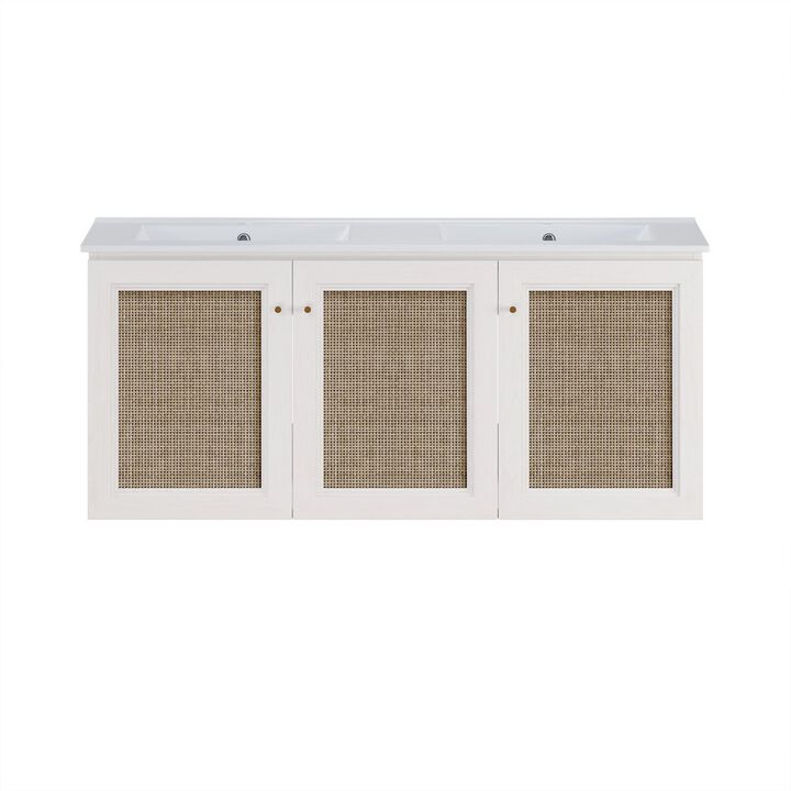 48" Wall-Mounted Bathroom Vanity in White Oak with Double Basin Vanity Top