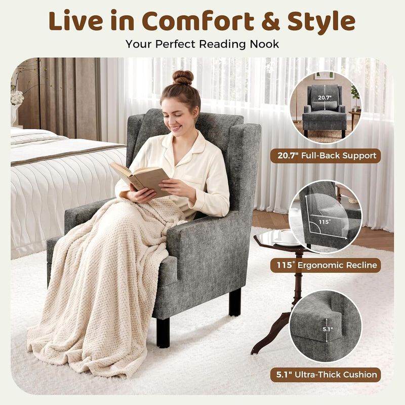 Upholstered Wingback Accent Chair, Modern Reading Armchair for Living Room, Bedroom, Grey image number 3