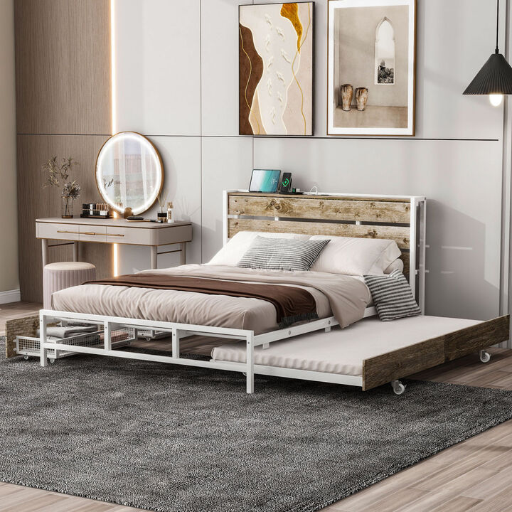 Metal Platform Bed With Drawers and trundle, Sockets and USB Ports, Queen, White