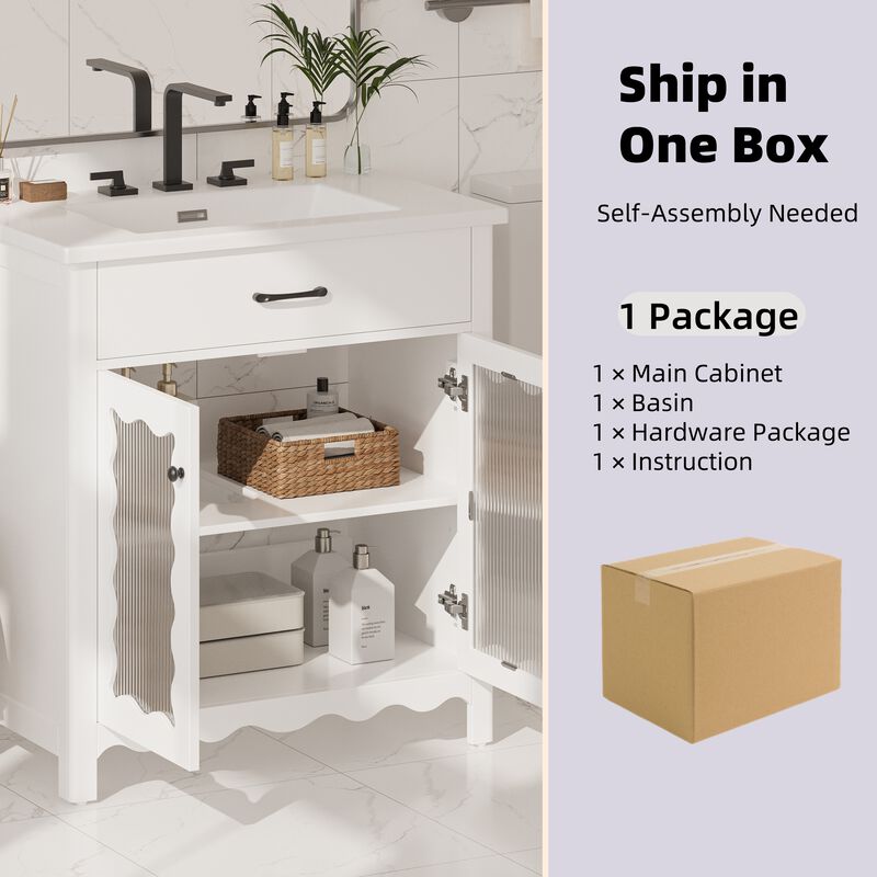 31" Modern Bathroom Cabinet with Tempered Glass, White