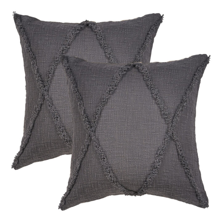 HomeRoots Set of Two Dark Gray Diamond Cotton Throw Pillow With Fringe