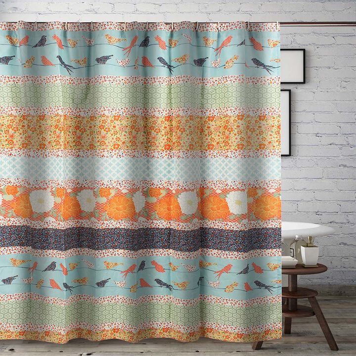 Barefoot Bungalow Carlie Florals and Whimsical Songbirds Shower Curtain 72"x72" Calico Stripe
