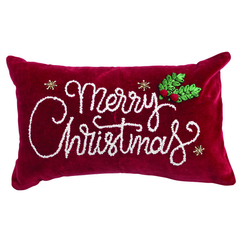 "Merry Christmas" Cotton Velvet Lumbar Pillow, Burgundy, Green and White image number 0