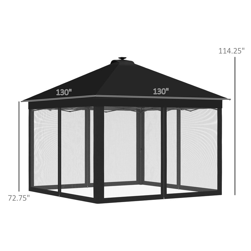 Outsunny 11' x 11' Pop Up Canopy, Instant Canopy Tent with Solar LED Lights, Remote Control, Zippered Mesh Sidewalls and Carrying Bag for Backyard Garden Patio, Black