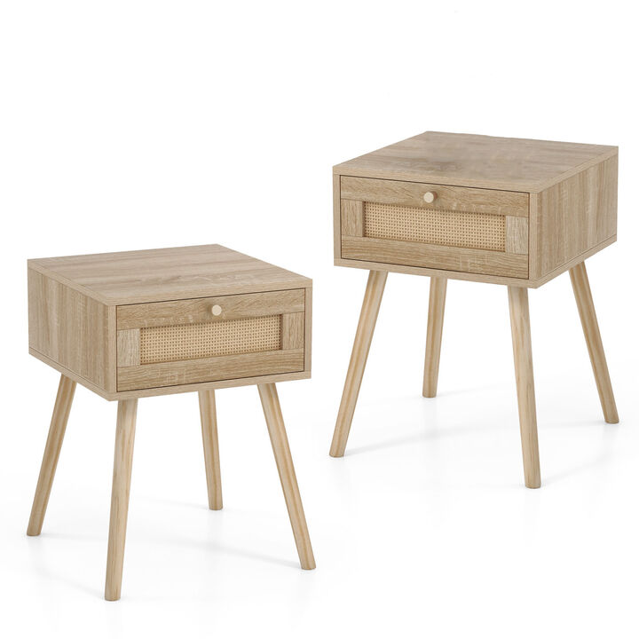 Natural Modern Rattan Nightstand Set of 2 with Drawer and Solid Wood Legs for Home
