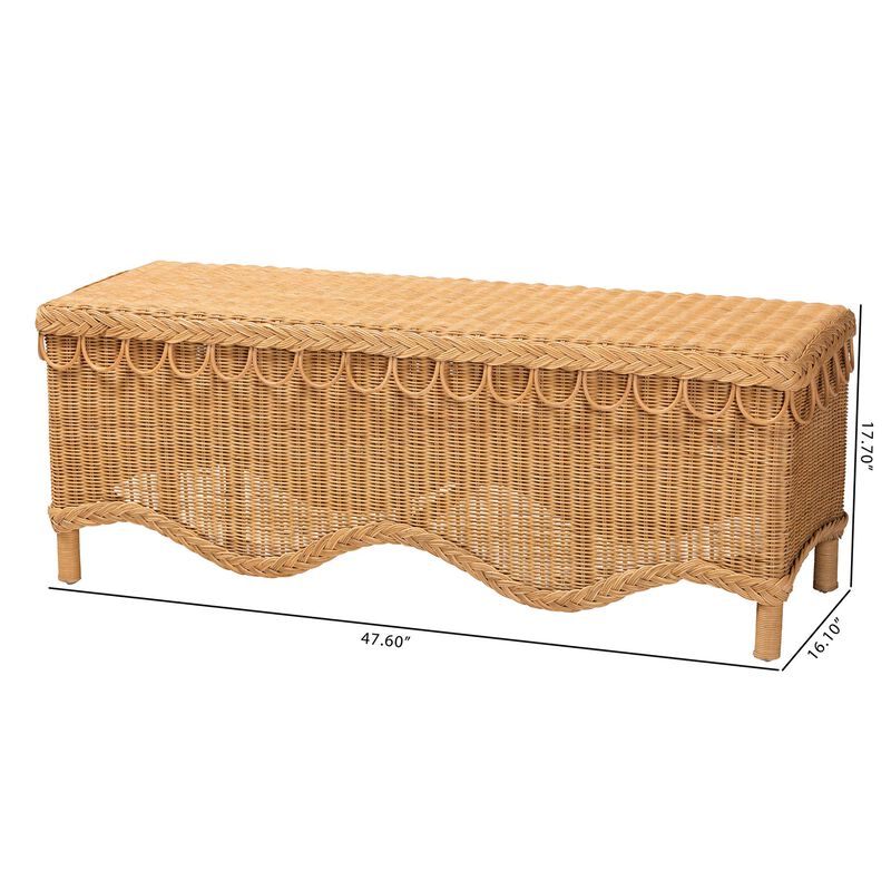Bali & Pari Erla Bohemian Light Honey Rattan Accent Bench with Scallop border