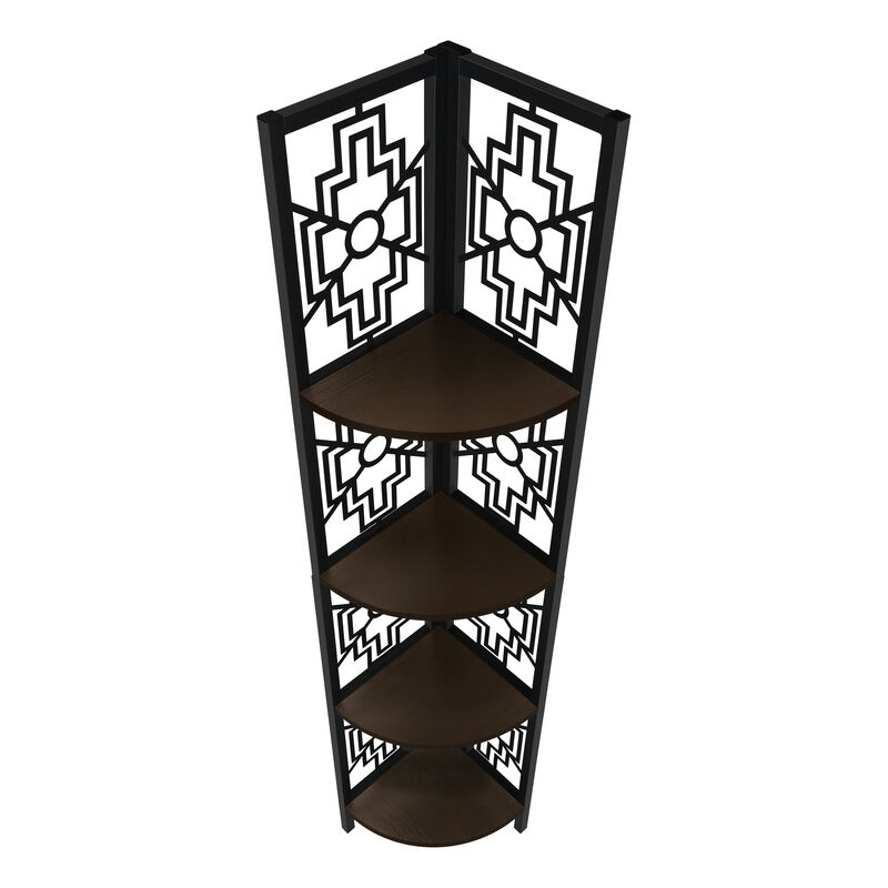 Monarch Specialties I 3622 Bookshelf, Bookcase, Etagere, Corner, 4 Tier, 62"H, Office, Bedroom, Metal, Laminate, Brown, Black, Transitional