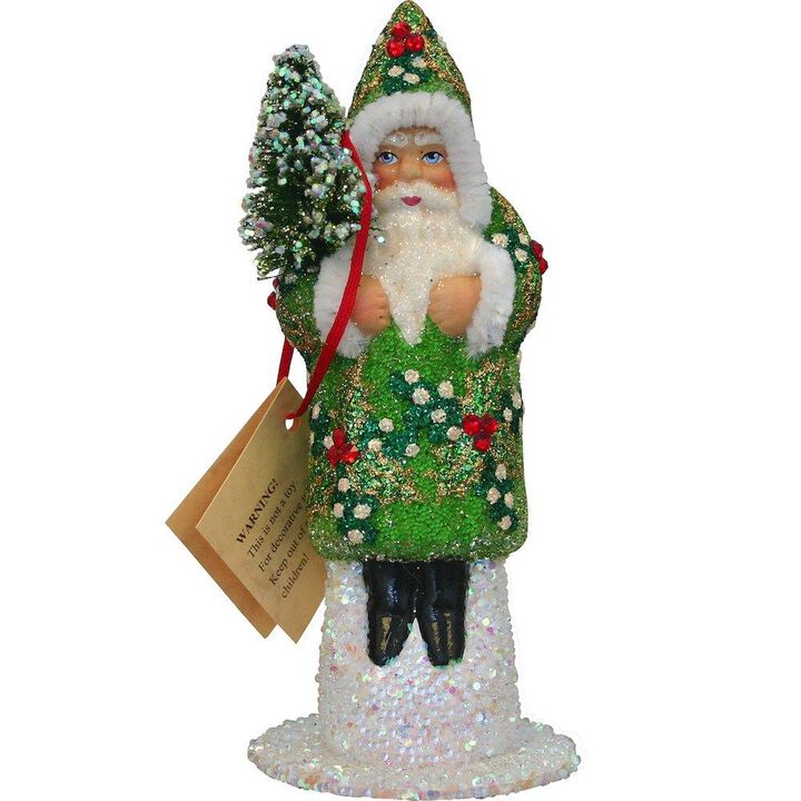 Paper Mache Candy Container - Santa Green Beaded