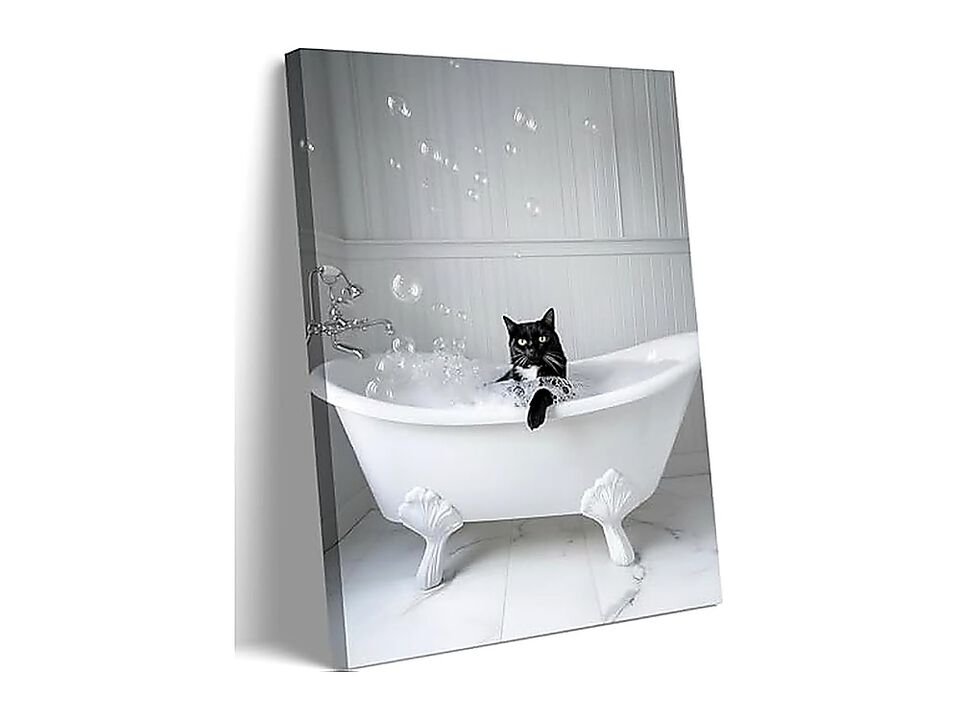 Bathroom Black Cat Canvas Wall Art Funny White Animal Poster Lovers Decor