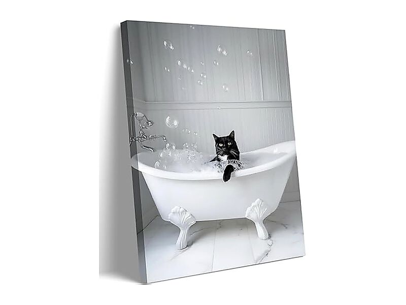 Bathroom Black Cat Canvas Wall Art Funny White Animal Poster Lovers Decor image number 0