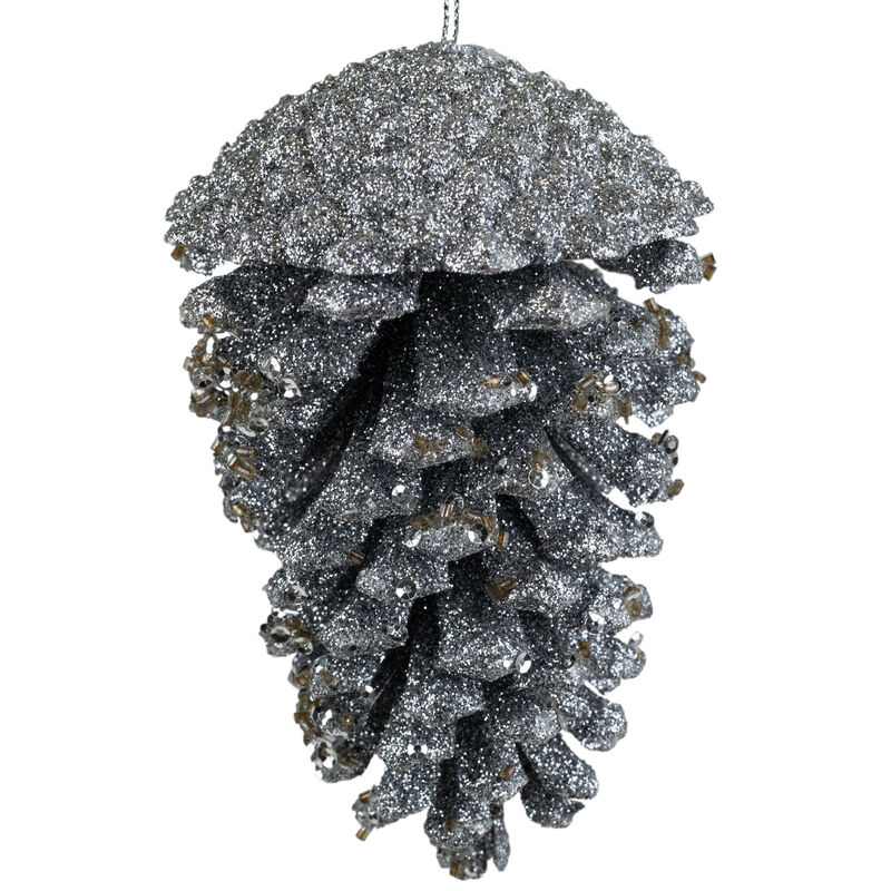 5" Silver Glitter and Sequins Pine Cone Christmas Ornament image number 2