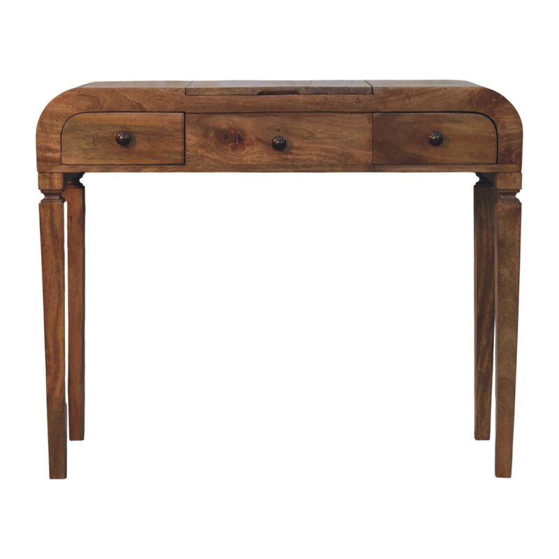 Artisan Furniture Solid Wood Golden Teak Curved Dressing Table, 1 Lift up Mirror, Storage Compartments, Brown image number 0