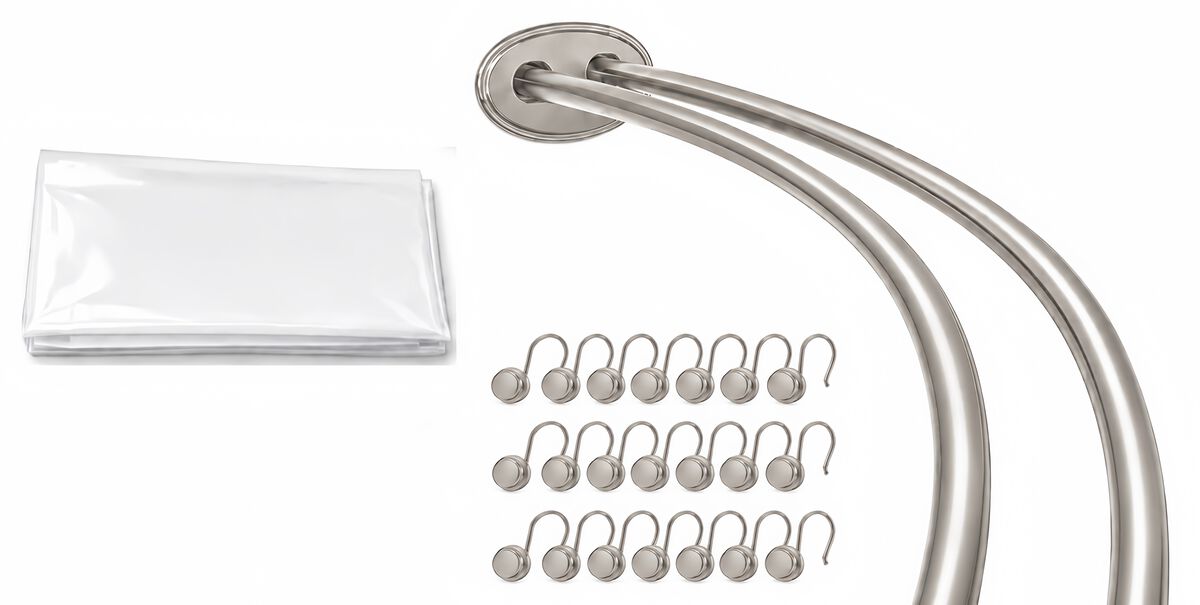 Shower Suite by Utopia Alley &ndash; Rustproof Aluminum Double Curved Shower Curtain Rod Combo Set with Liner & 24 Hooks, Adjustable 45&ndash;72 Inch Wall Mounted Dual Rod, Extra 30% Space
