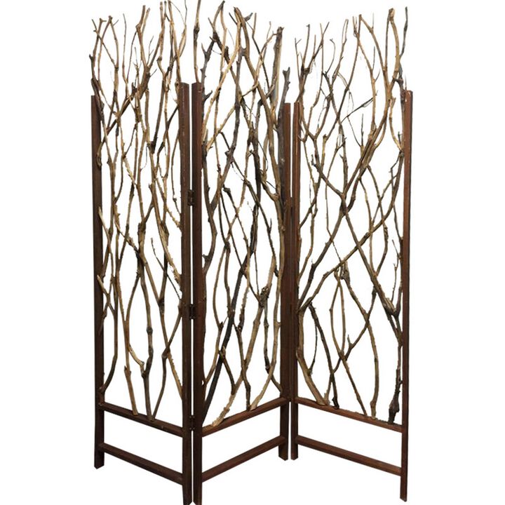 3 Panel Contemporary Foldable Wood Screen with Tree Branches, Brown-Benzara