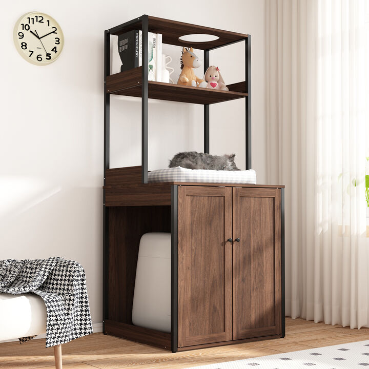 Large Cat Litter Box Enclosure Furniture with Shelves, Cat Washroom Furniture Cat House for Smart Litter Box, in walnut
