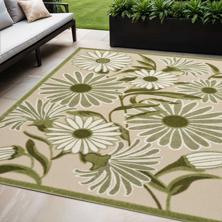 HomeRoots 5' X 8' Ivory And Green Floral Indoor Outdoor Area Rug