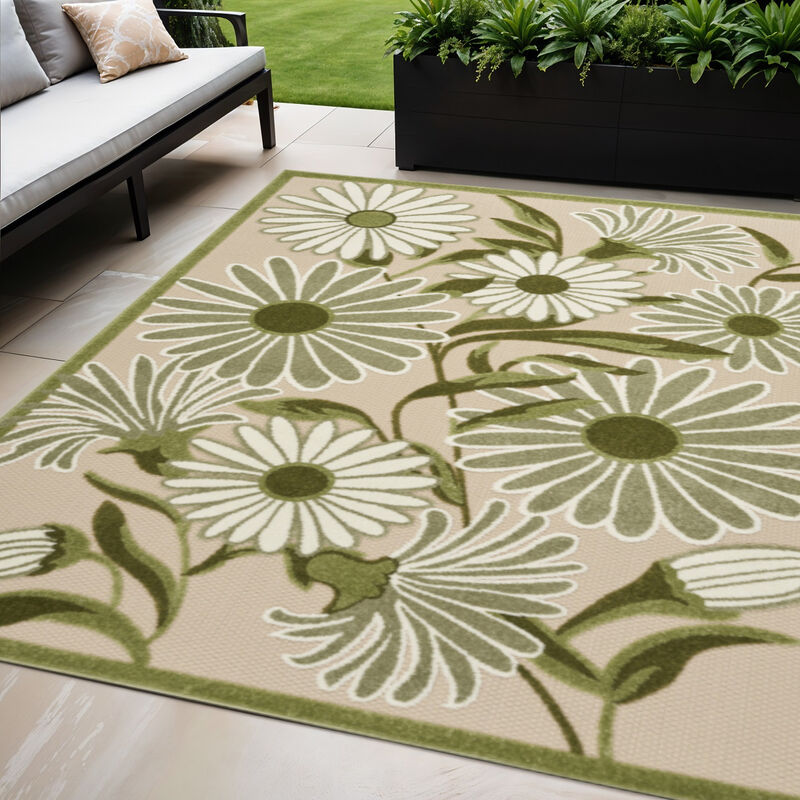 HomeRoots 5' X 8' Ivory And Green Floral Indoor Outdoor Area Rug image number 1