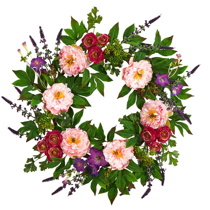 Hivvago 22" Assorted Peony Artificial Wreath