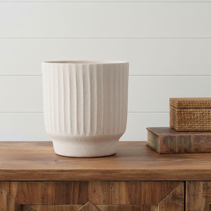 HomeRoots 8" Beige Recycled Paper Textured Lines Urn Table Vase image number 1