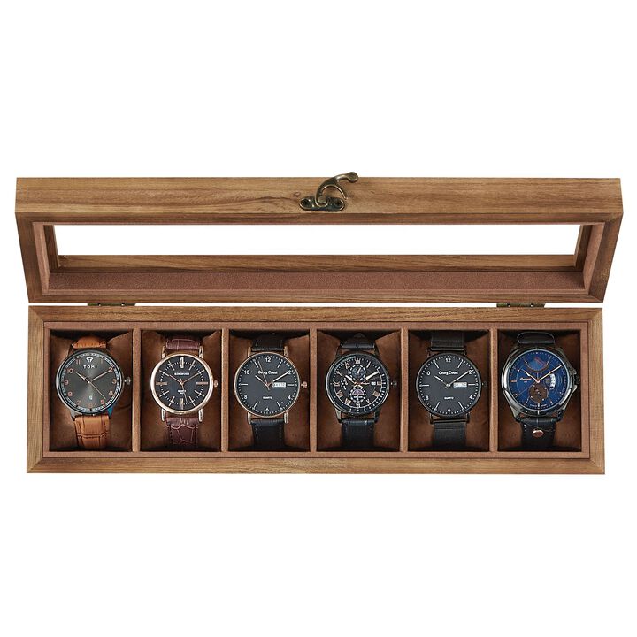 6-Slot Watch Case in Solid Wood with Glass Lid for Premium Watch Storage