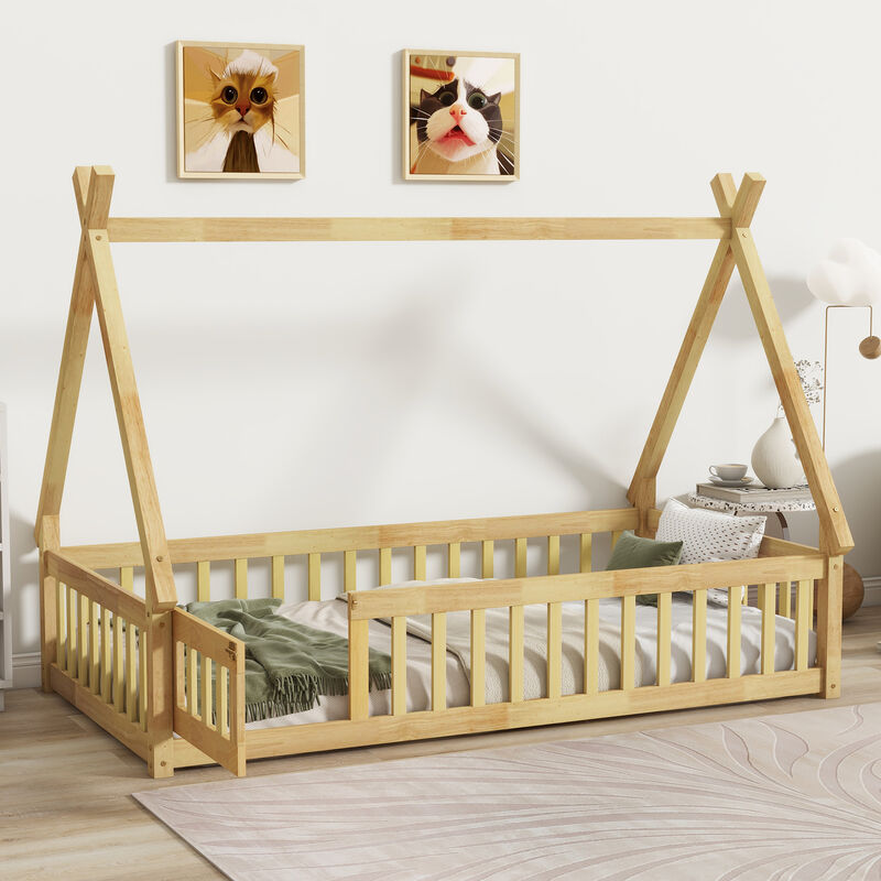 Whisen Wooden Teepee Tent Bed with Guardrails and Slats, Twin Floor Bed with Door for Kids image number 2