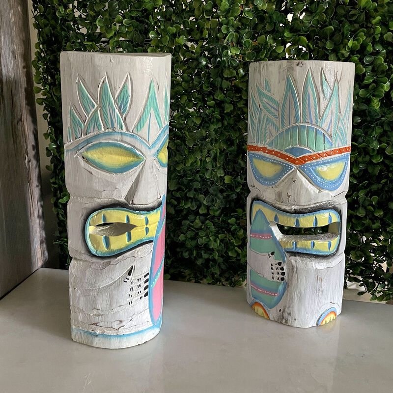 Set of 2 Pastel Surfer Tiki Masks 12" Hand-Carved Wooden Wall Decor Art image number 8