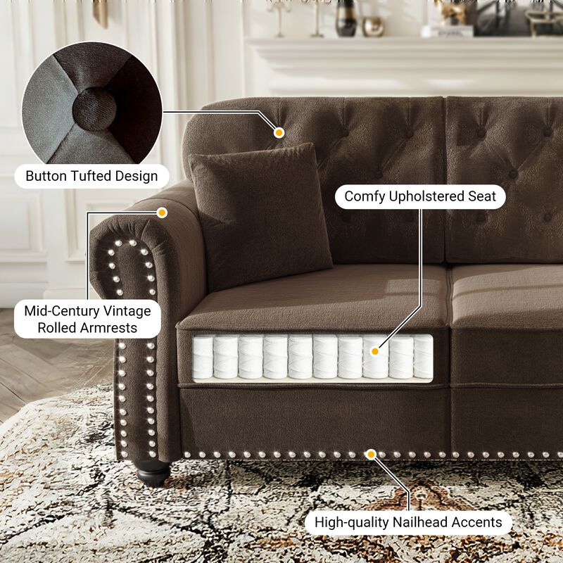 Whisen 2 Seat Velvet Upholstered Sofa with 2 Ottomans, Nailhead Trim, Mid-Century Modern, for Living Room image number 4