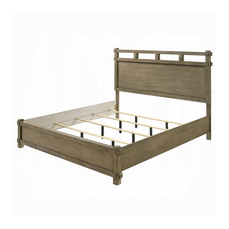 Cera Queen Size Bed, Panel Headboard with Top Rails, Antique Oak Brown image number 0