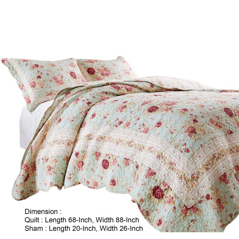 Rosle 2pc Twin Quilt and Pillow Sham Set, Scallop Edges, Floral Blue Cotton - Benzara